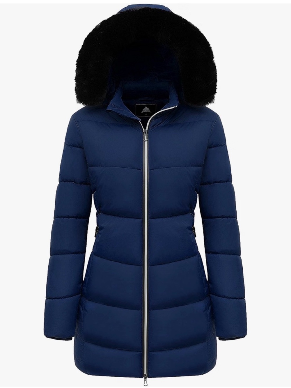 Women's Navy Puffer Coat with Black Faux Fur Trim Hood